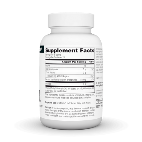 Supplement facts & ingredients image: Source Naturals D-Ribose 1000mg tablets ingredient panel 60 count