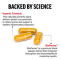 Key benefits label for Turmeric Curcumin 95% with Black Pepper Extract & BioPerine.