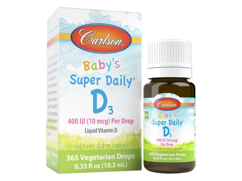 Carlson Super Daily D3 400 IU (10 mcg) Vitamin D3 365 Drops 10.3 ml front bottle packaging showing product name and branding
