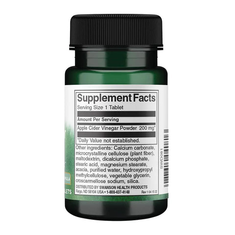 Swanson Apple Cider Vinegar 200mg 30 tablets supplement facts label