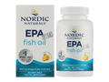Nordic Naturals EPA Xtra fish oil supplement shown as a white plastic bottle next to its retail box packaging on a plain white background.