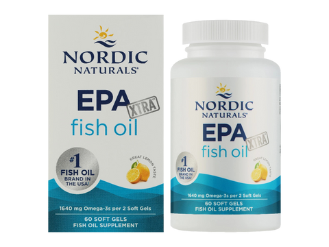 Nordic Naturals EPA Xtra fish oil supplement shown as a white plastic bottle next to its retail box packaging on a plain white background.