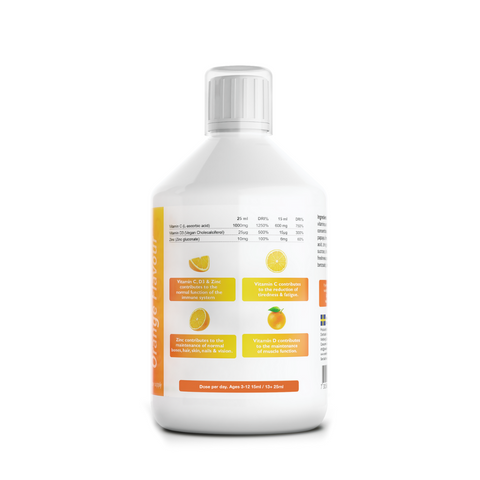 Swedish Nutra Vitamin C D3 Zinc liquid supplement facts ingredients 500ml