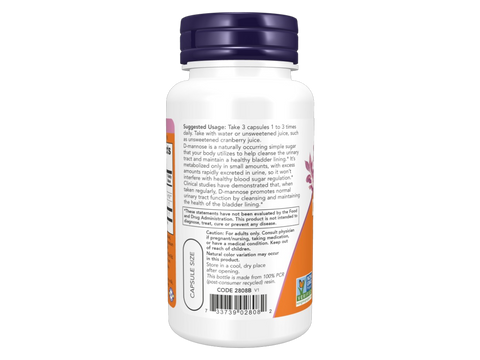 NOW Foods D-Mannose Supplement 500 mg Vegetarian Capsules 120 Veg Capsules suggested usage directions and product barcode