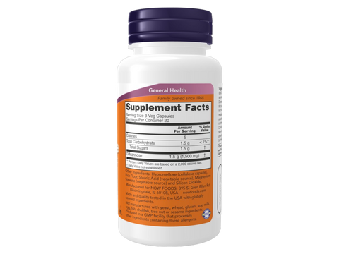 NOW Foods D-Mannose Supplement 500 mg Vegetarian Capsules 120 Veg Capsules Supplement Facts label with ingredient details
