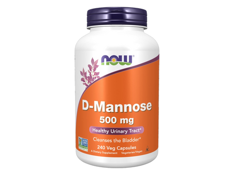 NOW Foods D-Mannose Supplement 500 mg Vegetarian Capsules 240 Veg Capsules front bottle view