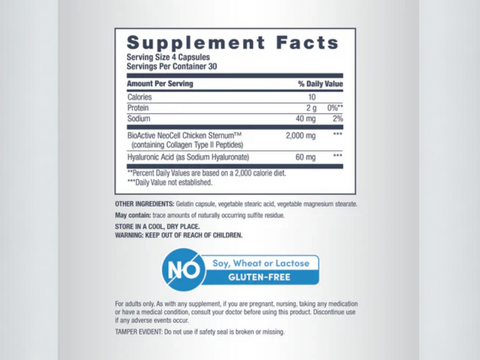 NeoCell Joint Complex Type 2 Collagen 120 capsules supplement facts panel