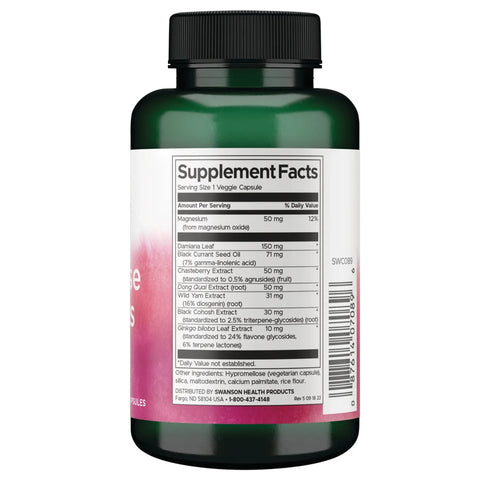 Swanson Menopause Essentials women's herbal supplement veggie capsule bottle 120 capsules supplement facts ingredients & barcode panel