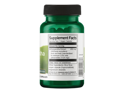 Swanson Ashwagandha Extract 450mg capsules supplement facts ingredients & barcode label bottle 120 capsules