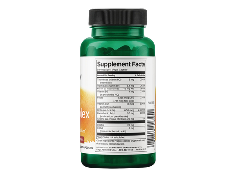 Swanson Daily B-Complex vitamin supplement capsules supplement facts ingredients & barcode label bottle 100 capsules
