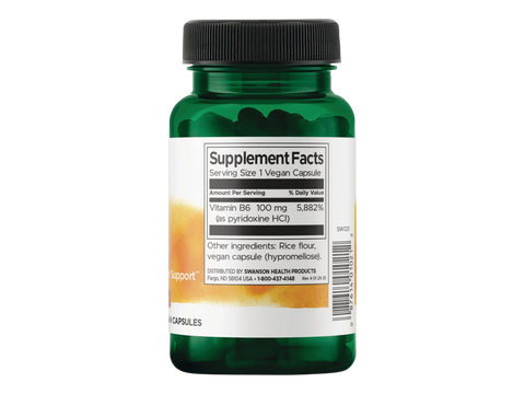 Swanson Vitamin B6 Pyridoxine 100mg vitamin supplement capsules supplement facts ingredients & barcode label bottle 100 capsules