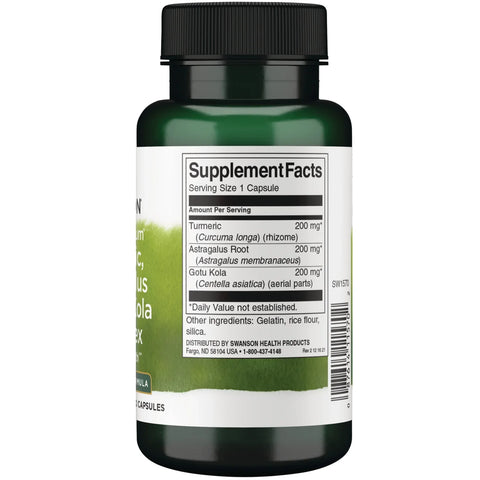 Swanson Turmeric Astragalus Gotu Kola complex herbal supplement capsule bottle 60 capsules supplement facts ingredients & barcode panel