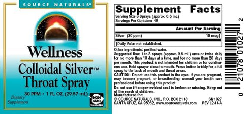 Barcode image: Source Naturals colloidal silver throat spray liquid bottle barcode 29.57ml