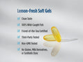 Two yellow soft gel capsules on a light gray background with text listing product benefits such as clean taste, wild-caught fish, friend-of-the-sea certification, third-party testing, and non-GMO status.