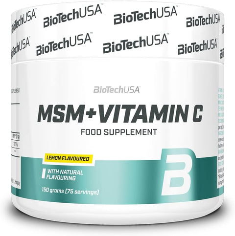Biotech USA MSM + Vitamin C 150g tub with lemon imagery on a clean background.