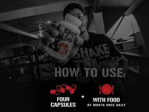 Person holding a supplement bottle with text on how to use it, set against a blurred indoor background.