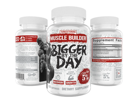 Supplement bottles labeled 'Muscle Builder Bigger by the Day' on a white background