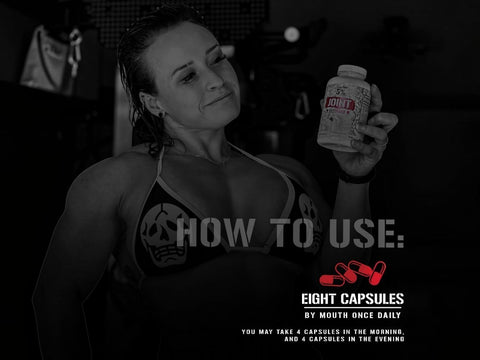 Woman holding a supplement bottle with text on how to use it.