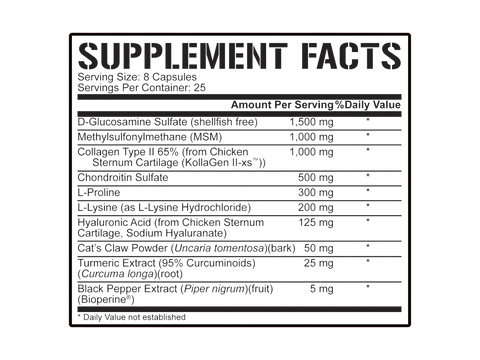 Supplement facts label with various ingredients and their amounts on a white background