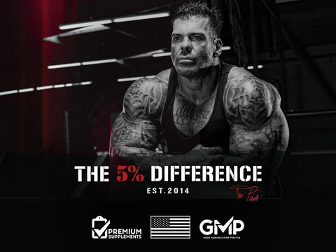 Muscular man with tattoos in a gym setting, featuring 'The 5% Difference' branding.