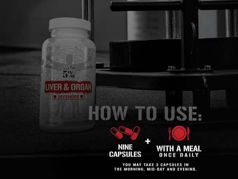 Supplement bottle labeled 'Liver & Organ Defender' with usage instructions on a dark background.