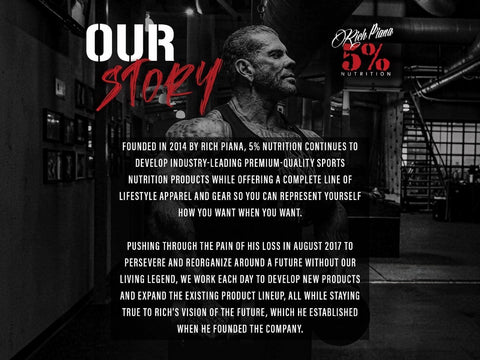 Black and white image with text about 5% Nutrition and Rich Piana, featuring a person in the background.