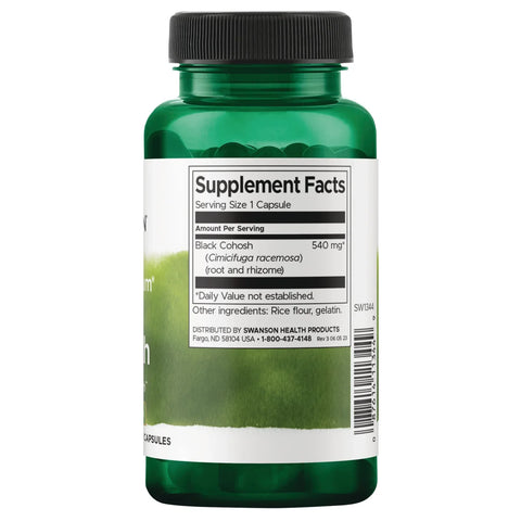 Swanson Full Spectrum Black Cohosh Root 540 mg – 60 Capsules Supplement Facts panel and product barcode on bottle label