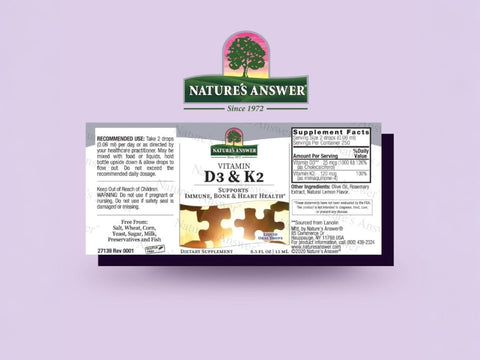 Nature's Answer Vitamin D3 and K2 Liquid Drops Lemon 15ml barcode packaging