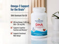 Nordic Naturals DHA supplement bottle shown next to text highlighting Omega-3 support for the brain, with a soft indoor background and a small plant in the distance.