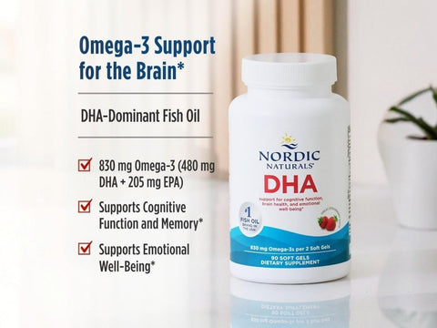 Nordic Naturals DHA supplement bottle shown next to text highlighting Omega-3 support for the brain, with a soft indoor background and a small plant in the distance.