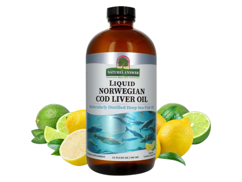 Nature’s Answer Liquid Norwegian Cod Liver Oil Lemon Lime 480ml bottle front view with lemon lime