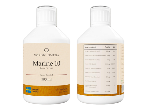 Nordic Omega Marine Collagen 10 liquid bottle berry flavour sugar free 500ml front & back bottle