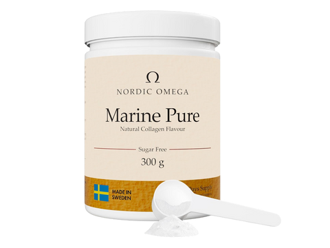Nordic Omega Marine Pure Collagen powder tub unflavoured sugar free 300g with dosage powder