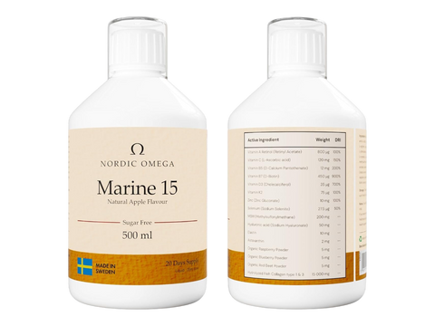 Nordic Omega Marine Collagen 15 liquid bottle natural apple flavour sugar free 500ml front & back bottle