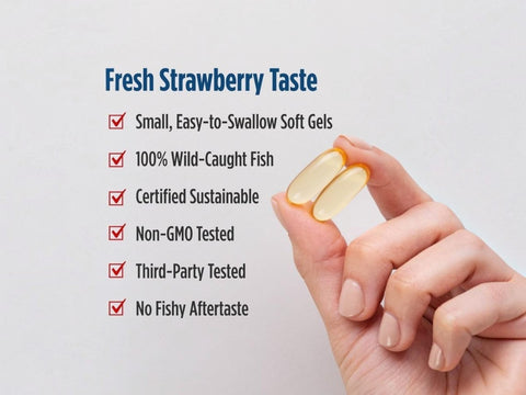 A hand holding two soft gel capsules against a light gray background, next to a text list describing the product as fresh strawberry taste with bullet points about size, wild-caught fish, sustainability, and testing.