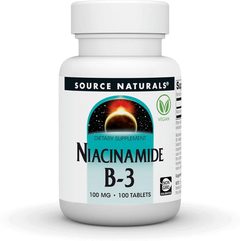 Front image: Source Naturals Niacinamide vitamin B3 100mg tablets bottle 100 count