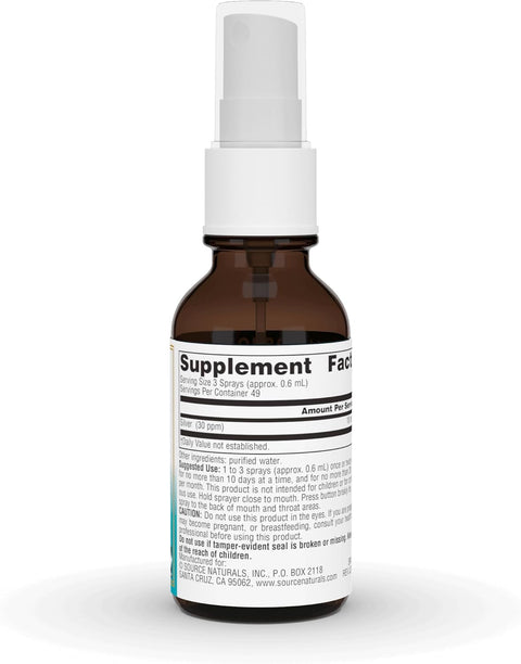 Supplement facts & ingredients image: Source Naturals colloidal silver throat spray liquid ingredient panel bottle 29.57ml