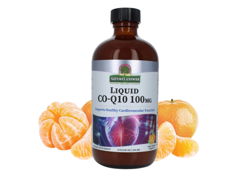 Nature’s Answer liquid CoQ10 tangerine flavour vegan supplement 240ml bottle front view on a white background & tangerine