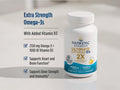 Nordic Naturals Ultimate Omega-3 2X Extra Strength supplement bottle shown on a light gray background with product text and feature bullet points on the left.