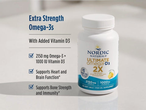 Nordic Naturals Ultimate Omega-3 2X Extra Strength supplement bottle shown on a light gray background with product text and feature bullet points on the left.