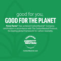 Green background with text about Force Factor achieving CarbonNeutral Company certification.