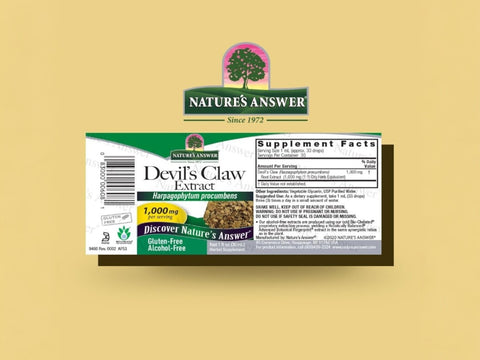 Nature’s Answer Devil’s Claw Root alcohol free liquid extract 30ml barcode label on a beige background