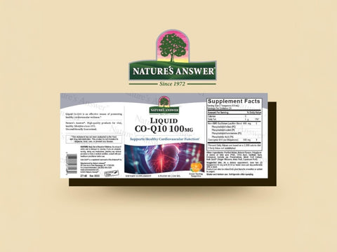 Nature’s Answer liquid CoQ10 supplement 240ml barcodeon a beige background