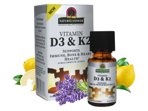 Nature's Answer Vitamin D3 and K2 Liquid Drops Lemon 15ml bottle &  box front label