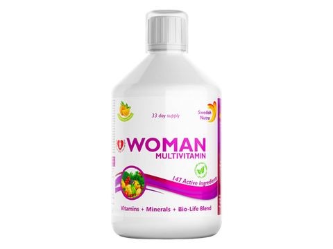 Front image: Swedish Nutra Women multivitamin liquid orange flavour 500ml bottle