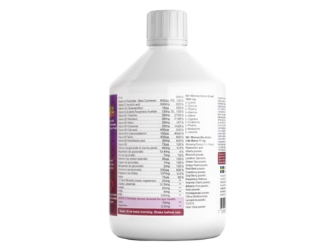 Supplement facts & ingredients image: Swedish Nutra Women multivitamin supplement facts ingredients 500ml bottle