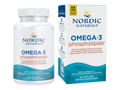 Nordic Naturals Omega-3 phospholipids dietary supplement shown as a white bottle and matching white retail box with blue and orange text on a plain white background.