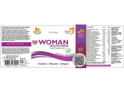 Barcode image: Swedish Nutra Women multivitamin liquid 500ml barcode packaging