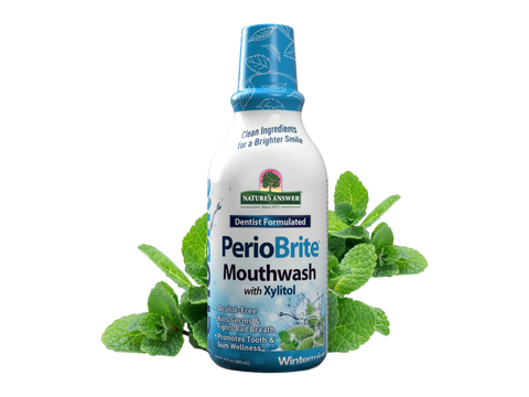 Nature’s Answer PerioBrite winter mint mouthwash alcohol free 480ml bottle front view with peppermint