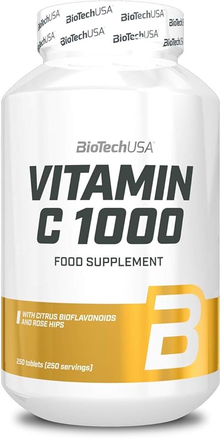 BiotechUSA Vitamin C 1000mg Bioflavonoids bottle, 250 tablets, on a white background.